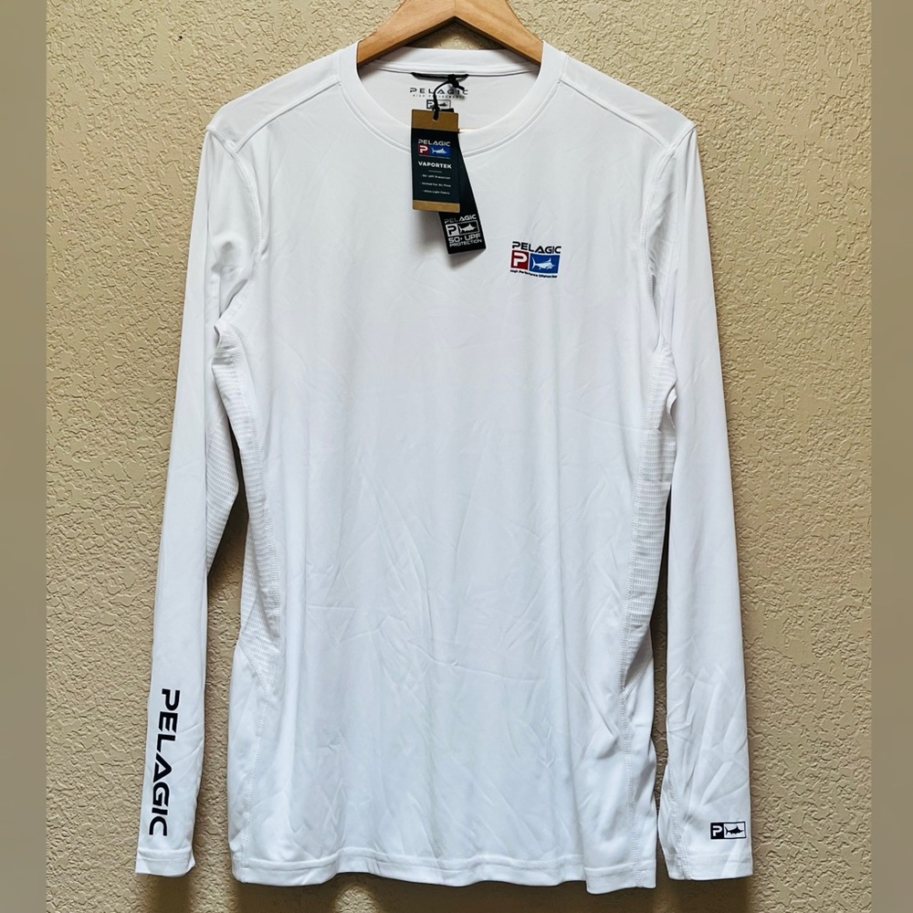Pelagic Vaportek Reel Flag Fishing Shirt White Color Men's Size- Small
